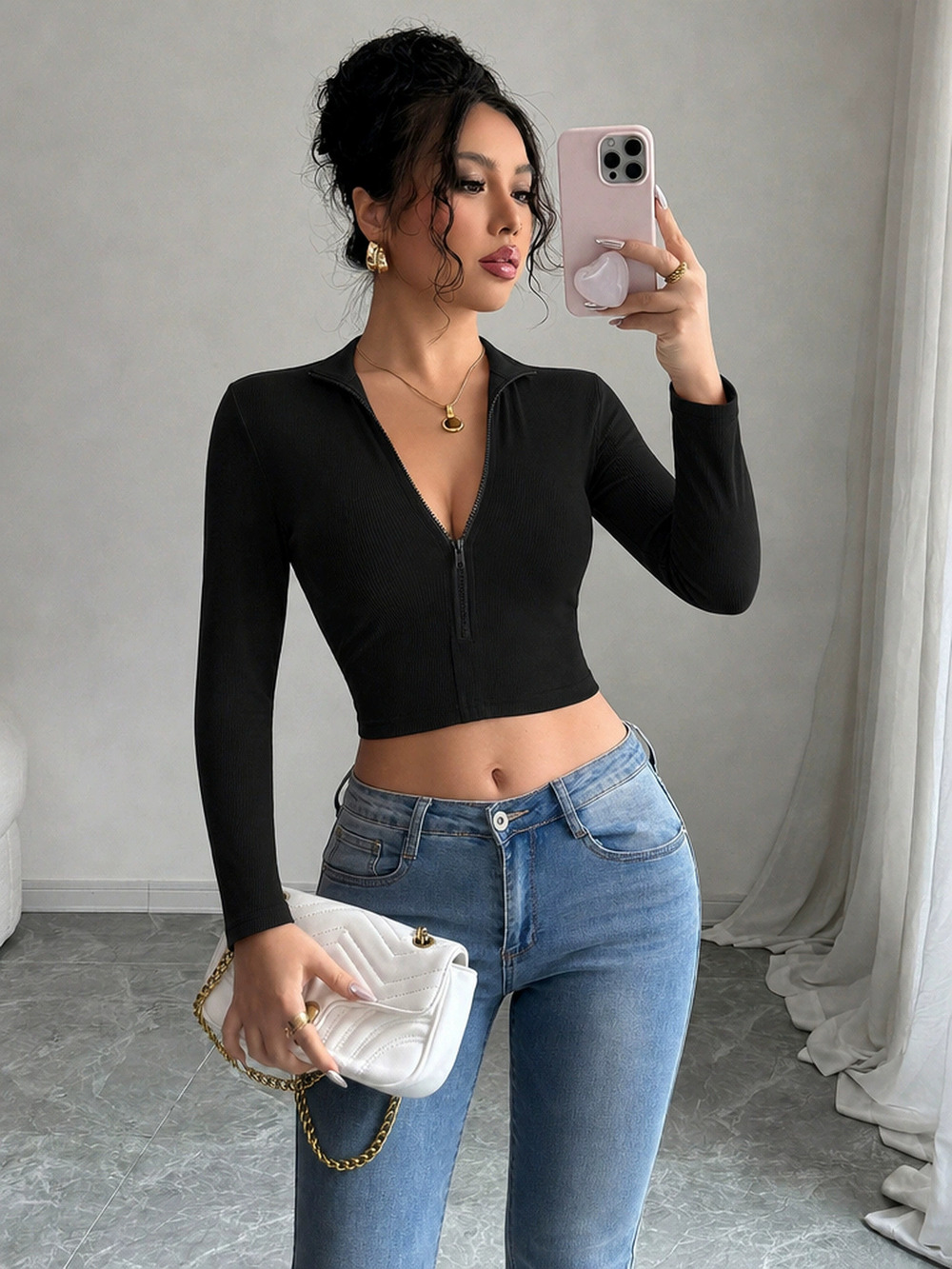 H&M Slim Deep V Neck Black Zipper Cropped Tee